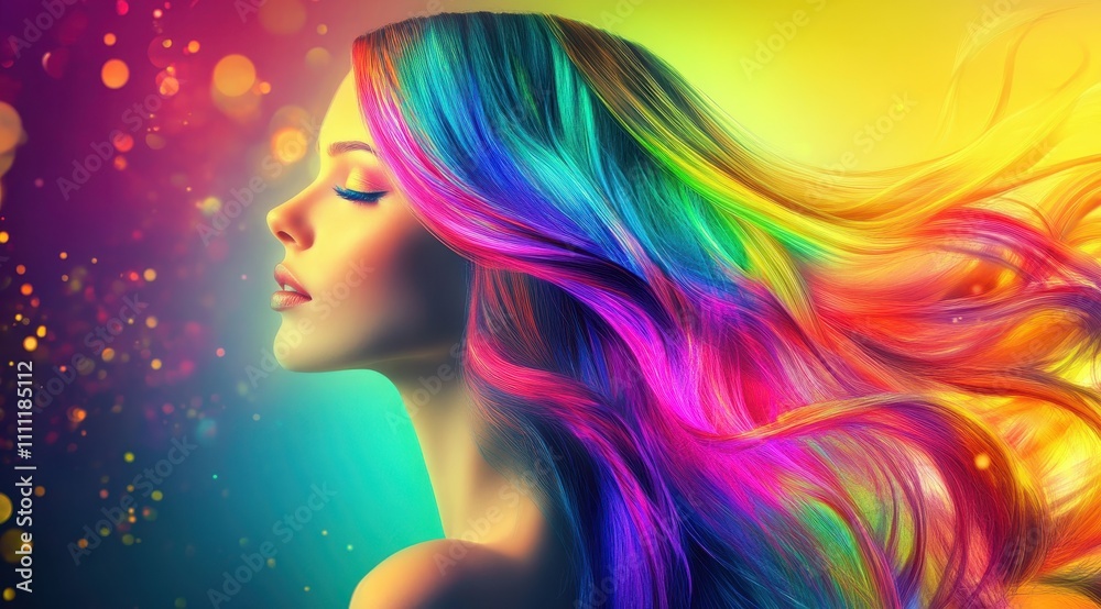 A captivating image of a woman with vibrant, multicolored hair, set against a colorful, dreamy background filled with light and sparkles. A captivating image of a woman with vibrant, multicolored hair, set against a colorful, dreamy background filled with light and sparkles.