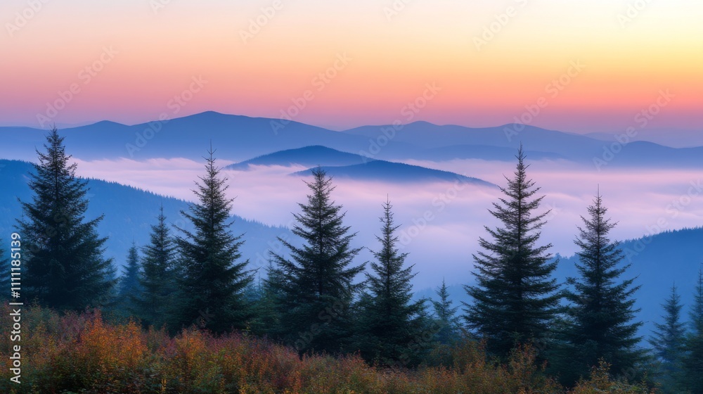 Obraz premium Silhouetted Fir Trees Against a Misty Mountain Range at Sunrise