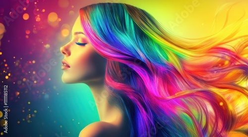 A captivating image of a woman with vibrant, multicolored hair, set against a colorful, dreamy background filled with light and sparkles.