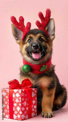 Adorable German Shepherd puppy wears festive red reindeer antlers and holiday scarf, sitting beside wrapped Christmas gift. Perfect for holiday designs, greeting cards, festive marketing campaigns