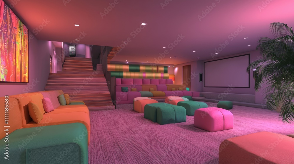 Retro Y2K Home Theater with Colorful Seating and Playful Lighting for Movie Nights | Ultra-Detailed Entertainment Room Interior Design Retro Y2K Home Theater with Colorful Seating and Playful Lighting for Movie Nights | Ultra-Detailed Entertainment Room Interior Design