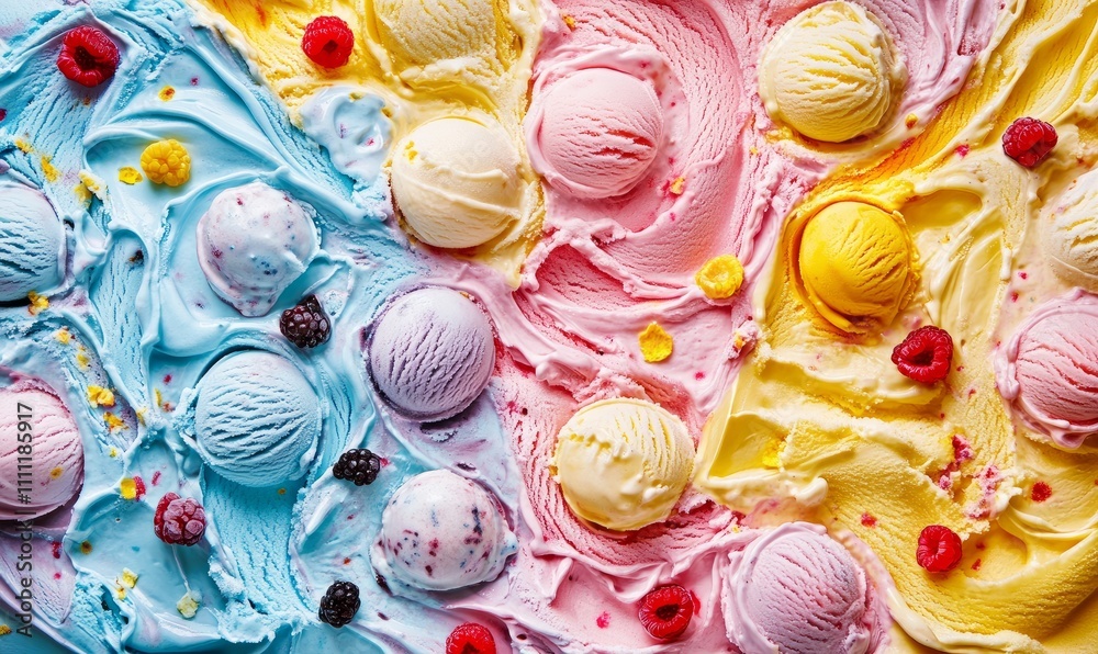 Vivid ice cream background in different flavor, summer dessert, sweet refreshment, top view Vivid ice cream background in different flavor, summer dessert, sweet refreshment, top view