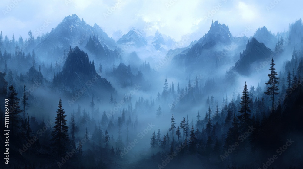 Obraz premium A Misty Mountain Landscape with Silhouetted Trees