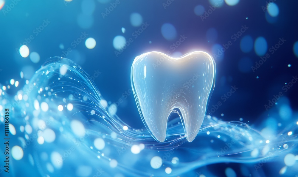 White tooth with swirling light effects creating an aura of cleanliness and health, set against a blue background White tooth with swirling light effects creating an aura of cleanliness and health, set against a blue background