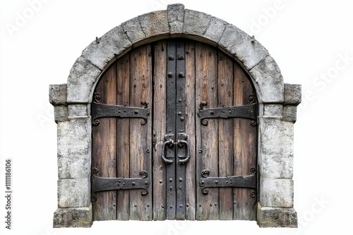 Aged wooden gate  stone arch  iron hinges.