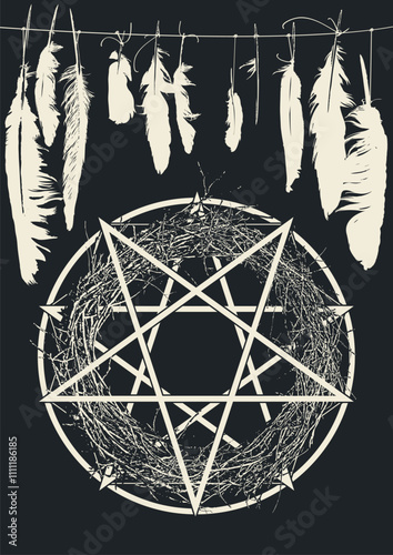 A4 vector banner on the theme of paganism, black magic and witchcraft with black bird crow feathers and satanic pentagram in a circle in the folk shaman style