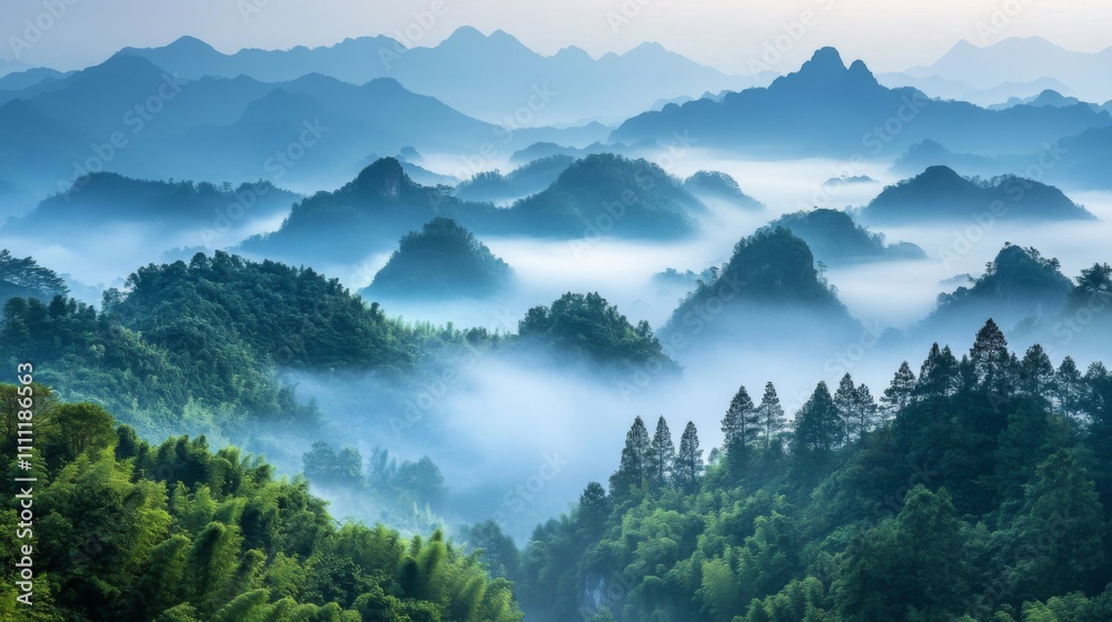 Misty Mountains and Lush Forest Landscape Misty Mountains and Lush Forest Landscape