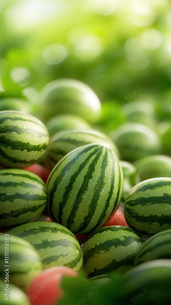 A captivating close-up image of multiple watermelons with blurred background, highlighted by their striped patterns and rich green hues conveying natural abundance. A captivating close-up image of multiple watermelons with blurred background, highlighted by their striped patterns and rich green hues conveying natural abundance.