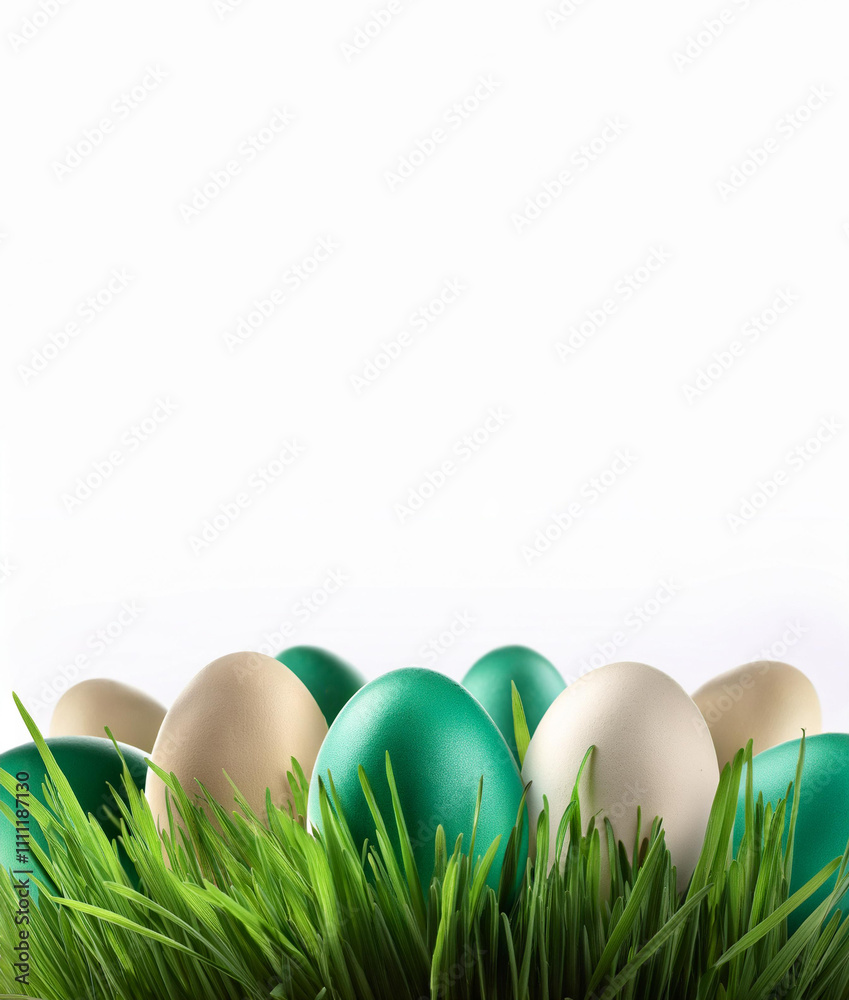 Illustrated mockup, Easter theme border, with free space for text. White plane background, eggs laying on a fresh grass on the bottom side. Illustrated mockup, Easter theme border, with free space for text. White plane background, eggs laying on a fresh grass on the bottom side.