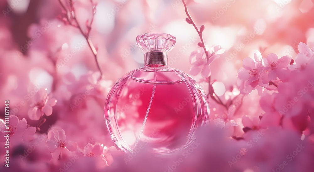 A delicate pink perfume bottle surrounded by soft blossoms, radiating elegance and femininity in a dreamy, romantic setting. A delicate pink perfume bottle surrounded by soft blossoms, radiating elegance and femininity in a dreamy, romantic setting.