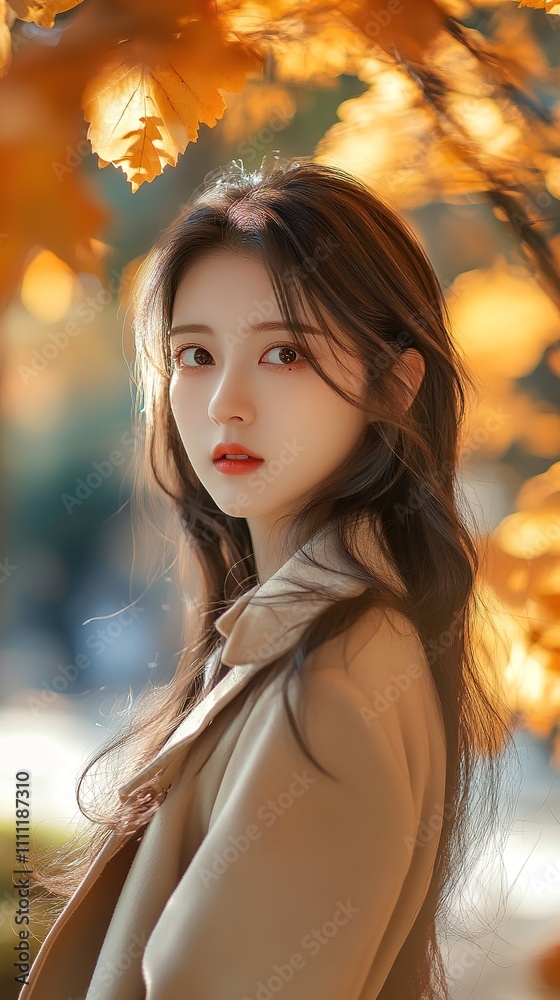 Fototapeta premium Elegant Woman in Autumn Park with Golden Leaves