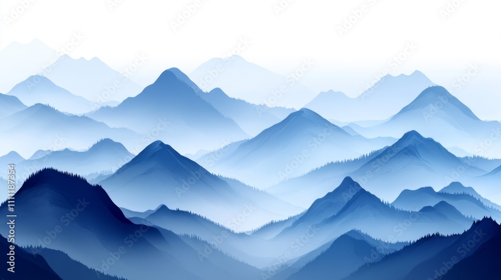 Misty Blue Mountain Range with Silhouetted Trees Misty Blue Mountain Range with Silhouetted Trees