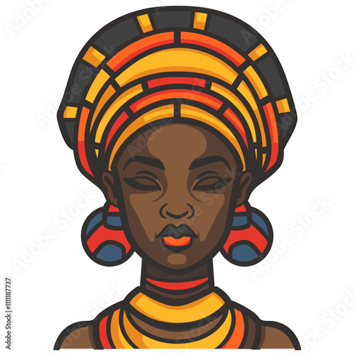 Beautiful African woman with turban on head. Vector illustration.