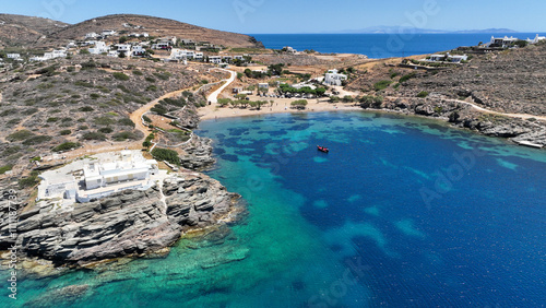 Obraz na płótnie Aerial drone photo of small beach of Fasolou next to famous and picturesque seaside fishing village of Faros, Sifnos island, Cyclades, Greece w salonie