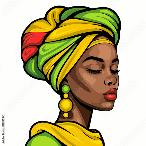 Beautiful African woman with turban on head. Vector illustration.