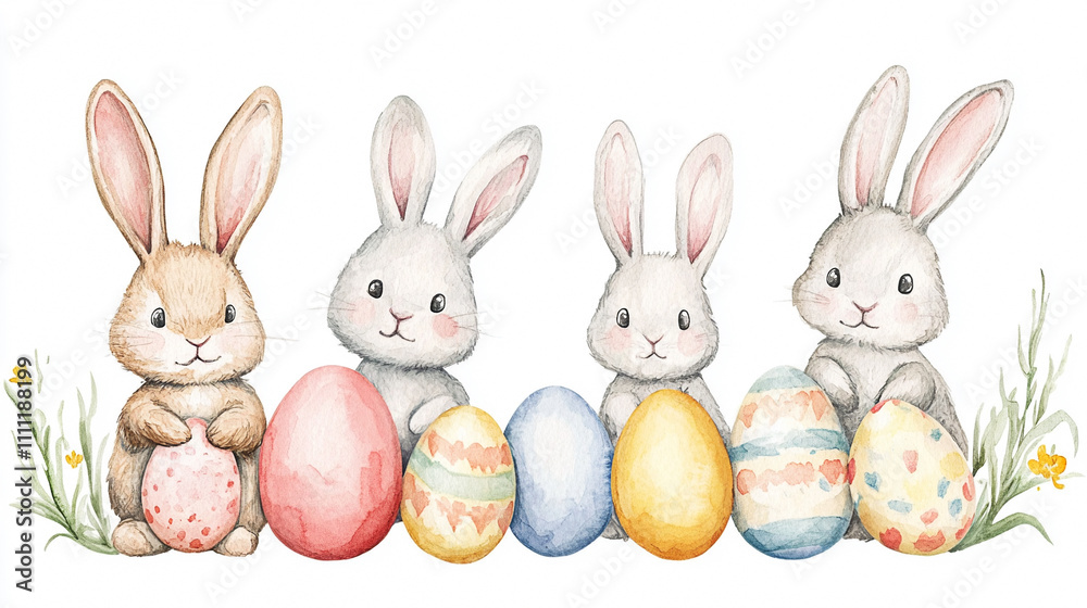 Fototapeta premium Childish Easter background with little bunnies, eggs and spring flowers on white background.
