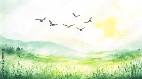 Morning spring meadow with birds in the sky. Watercolor drawing.