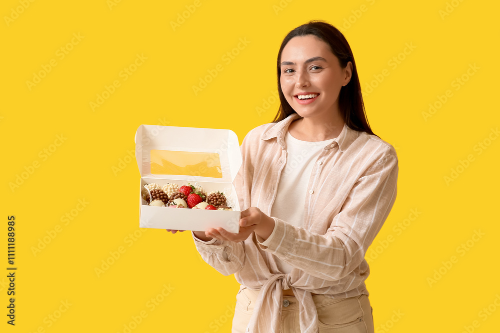 Beautiful young woman holding box with chocolate covered strawberries on yellow background Beautiful young woman holding box with chocolate covered strawberries on yellow background