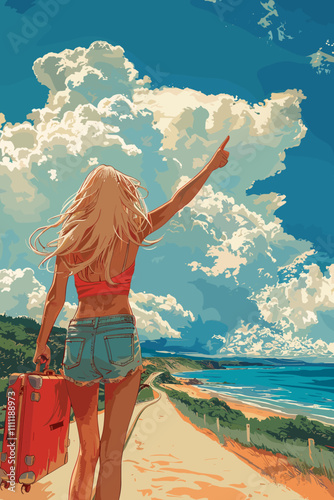 Beautiful young woman hitchhiking on the beach. Vector illustration