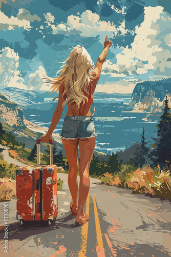 Beautiful young woman hitchhiking on the road. Vector illustration