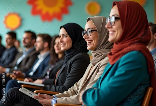 A diverse group of professionals, including a smiling Muslim woman, attending a business conference and listening to a presentation.