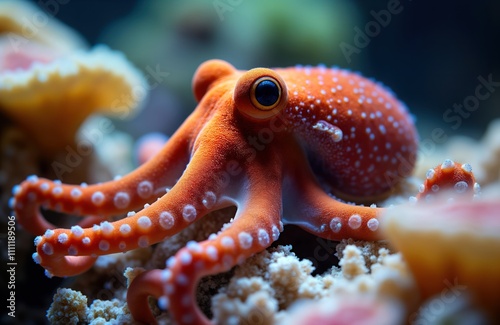 Caribbean reef octopus clings to coral reef in Belize. Colorful octopus blends with coral environment. Amazing sea life detail. Photo shows underwater seascape. Relaxing underwater scene. Belize eco photo