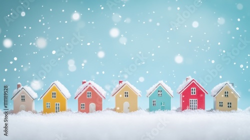 Colorful miniature houses sit under falling snowflakes against a light blue background, creating a charming winter scene. photo