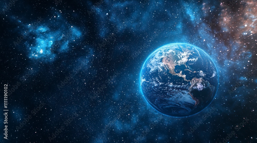 Obraz premium Earth in space with a blue glow and stars in the background