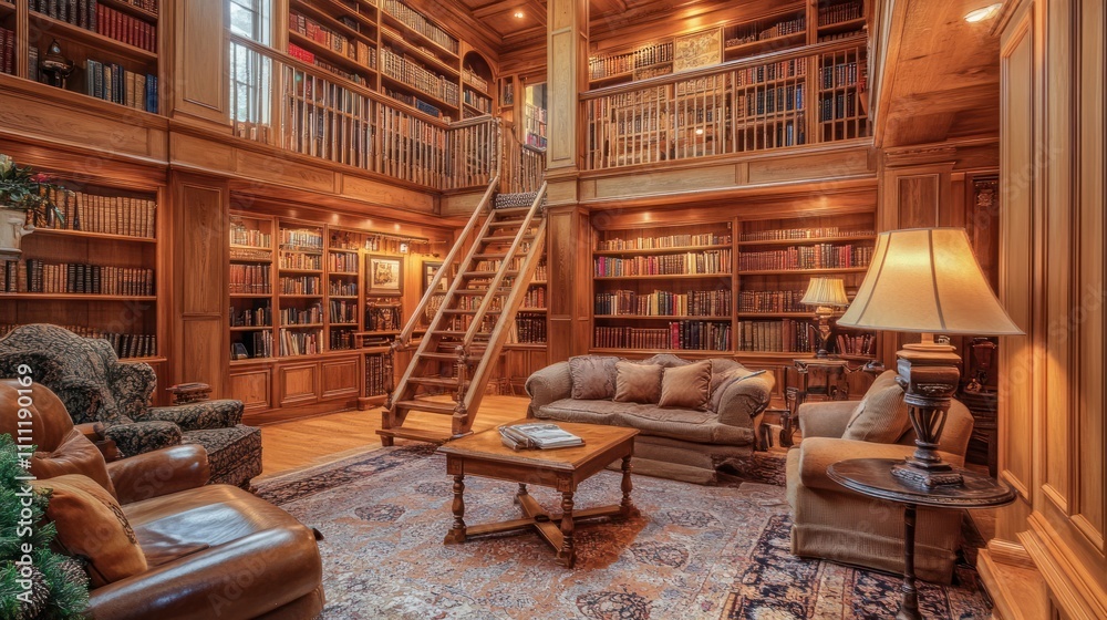 Grand two-story library with wooden bookshelves, comfortable seating, and a central staircase.