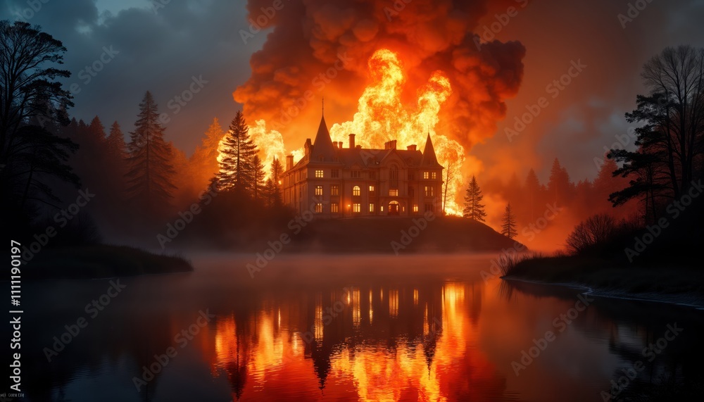 Grand mansion burns in fiery inferno at night. Flames engulf building in dark forest near lake. Fiery embers light up dark surroundings. Huge fire, smoke fill sky. No people visible. Dramatic scene Grand mansion burns in fiery inferno at night. Flames engulf building in dark forest near lake. Fiery embers light up dark surroundings. Huge fire, smoke fill sky. No people visible. Dramatic scene