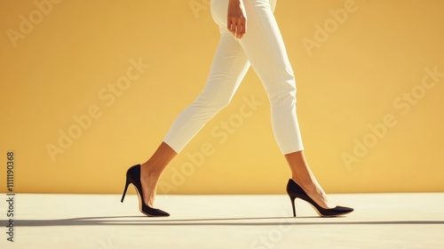 Elegant stride: Woman in white pants and black heels against a warm yellow background.  A stylish capture of modern fashion and movement.