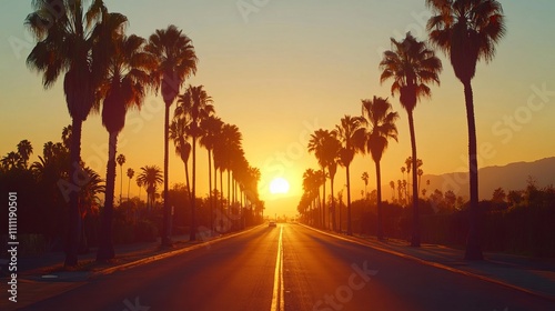 Fototapeta Naklejka Na Ścianę i Meble -  Vibrant colors of a sunset illuminate a palm-lined avenue with a golden sun sinking behind the horizon, creating a serene atmosphere of a city evening