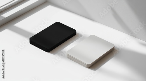 Minimalist Mockup: Black and White Card Stacks on a Bright Surface