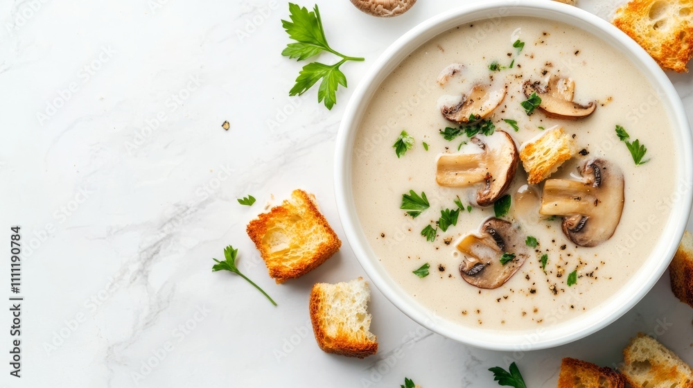 A bowl of creamy mushroom soup sits on a stylish marble surface, surrounded by crispy croutons and garnished with fresh parsley. Perfect for a comforting meal A bowl of creamy mushroom soup sits on a stylish marble surface, surrounded by crispy croutons and garnished with fresh parsley. Perfect for a comforting meal