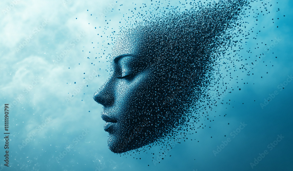 Digital artwork depicting a woman's face dissolving into particles, illustrating transformation and creativity Digital artwork depicting a woman's face dissolving into particles, illustrating transformation and creativity