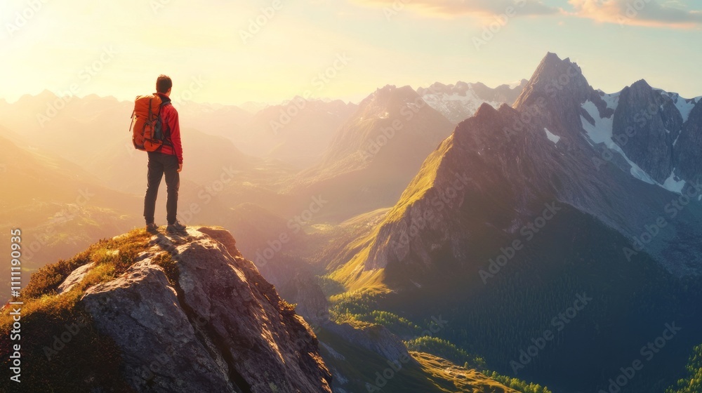 Fototapeta premium A solitary hiker stands on a rocky outcrop, gazing across a stunning valley filled with majestic mountains during sunset. The warm light casts an enchanting glow on the landscape
