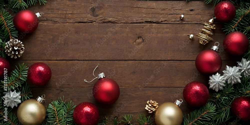 Portray a rustic holiday scene with Christmas baubles and small lantern ornaments scattered on a wooden backdrop. Portray a rustic holiday scene with Christmas baubles and small lantern ornaments scattered on a wooden backdrop.