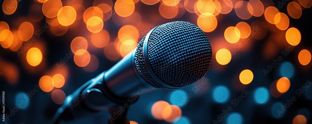 Close-up modern microphone illuminated by blurred glowing lights. Music recording session concept. Focus on the microphone. Bokeh effect. Tech music studio. Close-up modern microphone illuminated by blurred glowing lights. Music recording session concept. Focus on the microphone. Bokeh effect. Tech music studio.