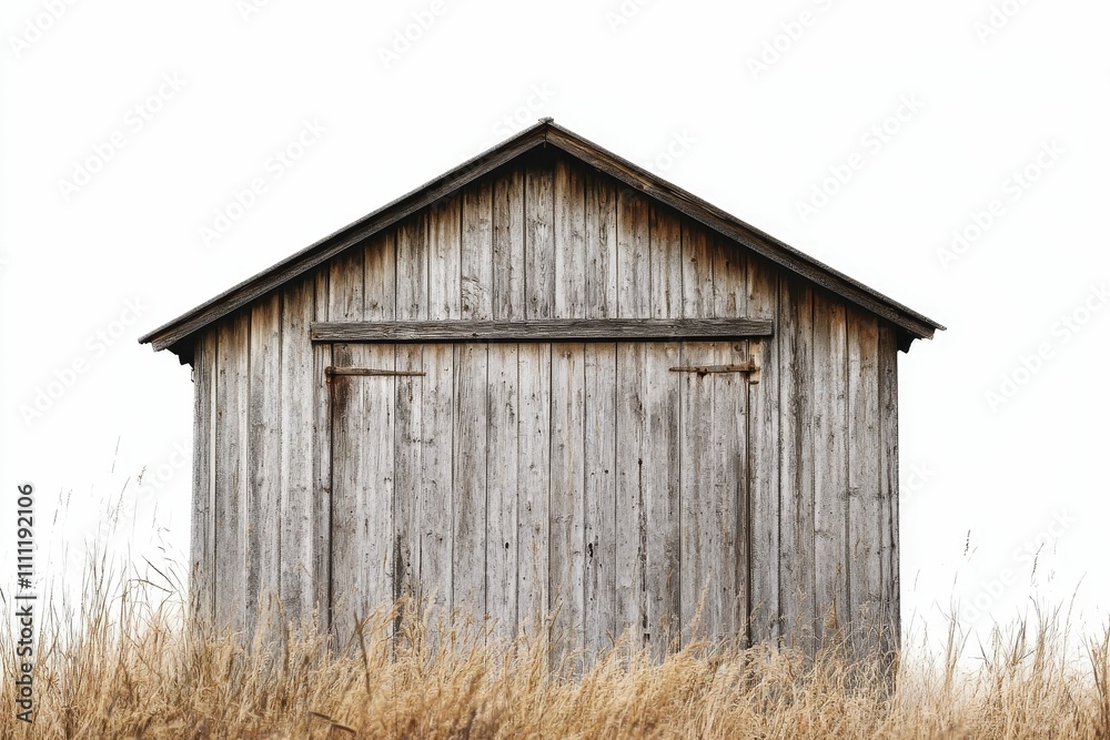 Weathered wooden shed, tall grass, white background. Weathered wooden shed, tall grass, white background.