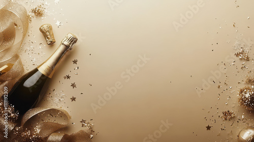 A classy top view new year celebration setup with champagne, two glasses, a gift box, and sparkling decorations on a light background