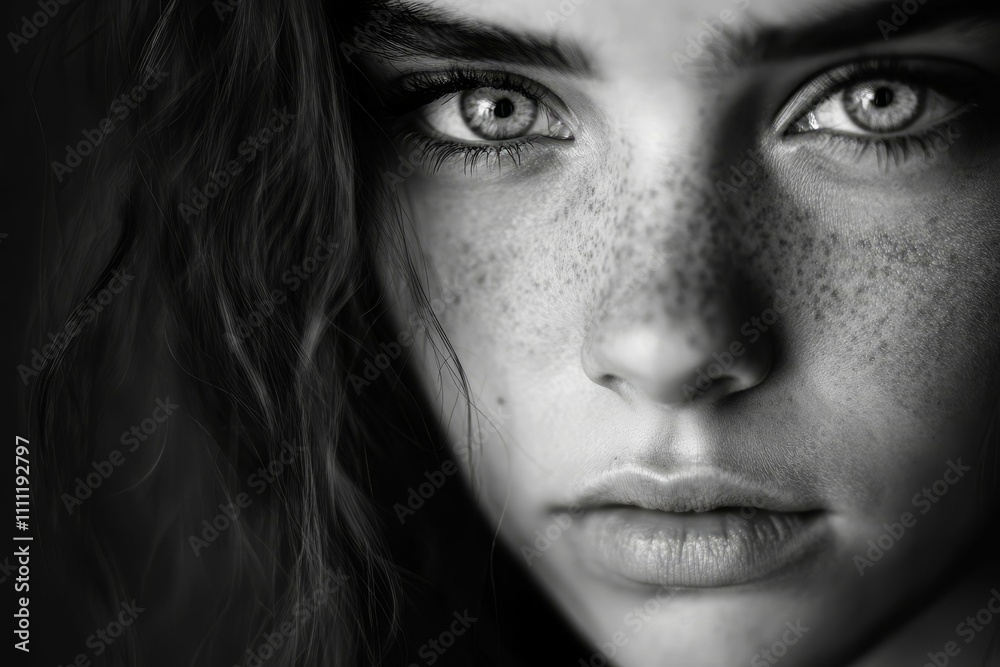 Fototapeta premium Close-up monochrome portrait, freckled face, intense gaze.