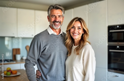 Middle-aged couple smiles happily in modern kitchen. Couple relaxed together in home. Casual attire suggests comfort, warmth. Healthy lifestyle evident in positive expression. Content family photo