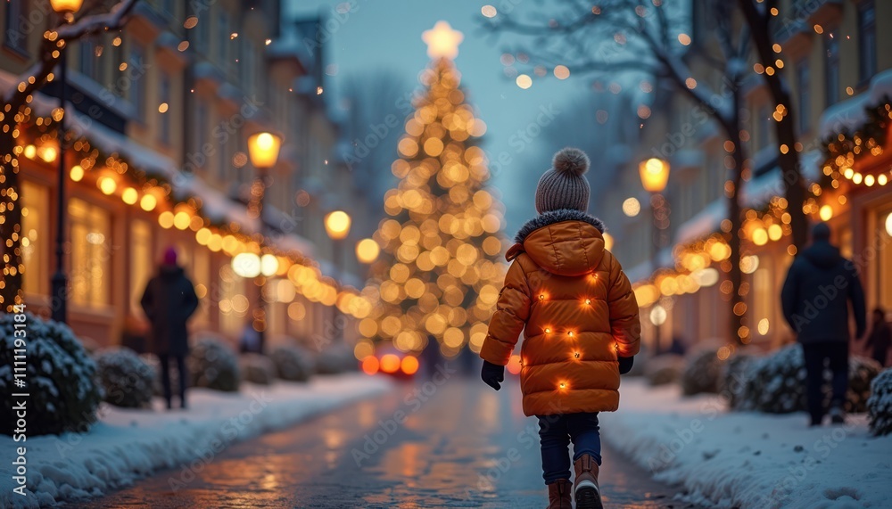 Young boy walks city street decorated festive Christmas lights. Winter night. Snow falls. Christmas tree in center street. Warm winter coat. Festive holiday season. Magical atmosphere. Children Young boy walks city street decorated festive Christmas lights. Winter night. Snow falls. Christmas tree in center street. Warm winter coat. Festive holiday season. Magical atmosphere. Children