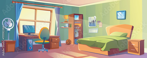 Boy bedroom background for banner design. Empty room interior with bed and bedside, shelves with sport trophy and books, basketball ball, table with computer and chair. Vector cartoon illustration