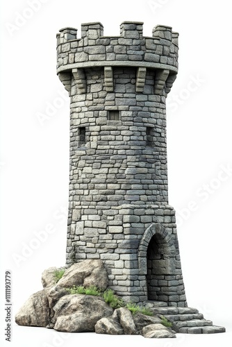 Stone tower, arched entrance, rocky base, isolated.