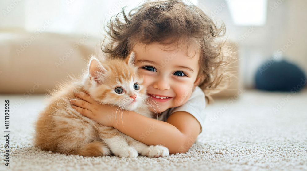 A toddler hugging a fluffy kitten with a smile on their face. A toddler hugging a fluffy kitten with a smile on their face.