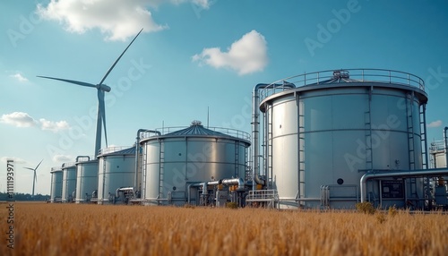 Modern eco-friendly hydrogen production facility. Silver tanks line field. Wind turbines nearby. Clean energy production system. Sustainable energy source. Green tech innovation. Eco-friendly