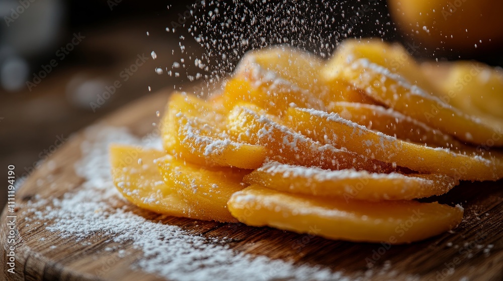 A rustic wooden board has slices of juicy peaches that have been dusted with sugar. A delicious treat for summer! A rustic wooden board has slices of juicy peaches that have been dusted with sugar. A delicious treat for summer!