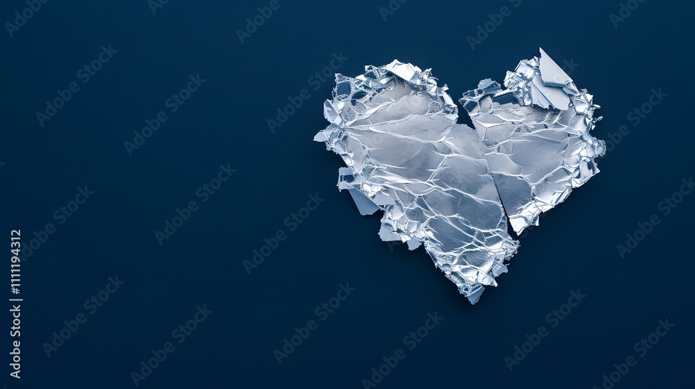 Cracked ice heart with jagged edges on a dark blue background. Abstract conceptual composition symbolizing fragility, coldness, and emotional detachment. Design for posters, cards Cracked ice heart with jagged edges on a dark blue background. Abstract conceptual composition symbolizing fragility, coldness, and emotional detachment. Design for posters, cards