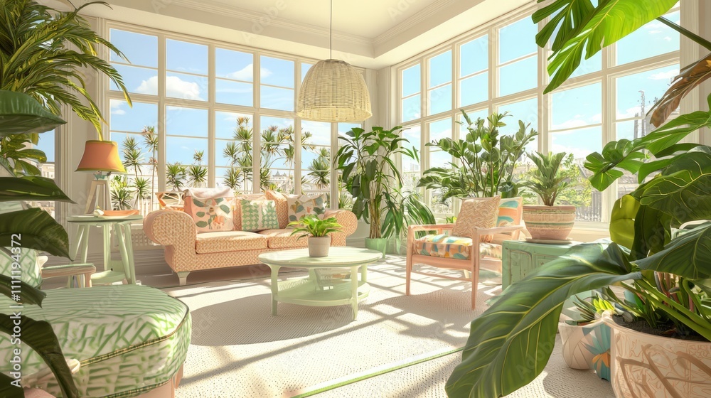 Fototapeta premium Sunlit Oasis: Vibrant Sunroom with Retro Furniture and Colorful Plants for Relaxation and Creativity | 3D Rendered Ultra-Detailed Illustration